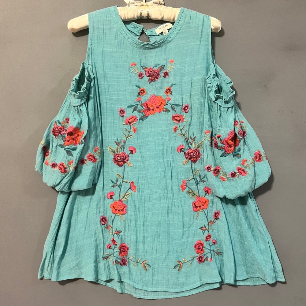 Umgee Large Turquoise & Pink Floral Embroidered Cold Shoulder Dress Cotton blend